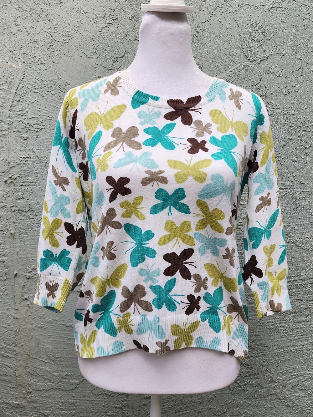 Lands' End Butterfly Print Knit Sweater Women's Size Small S 6-8 Crewneck 3/4 Sl
